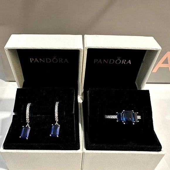 Pandora Blue Rectangular Sparkling Hoop Earrings NEW & AUTHENTIC - Picture 6 of 6